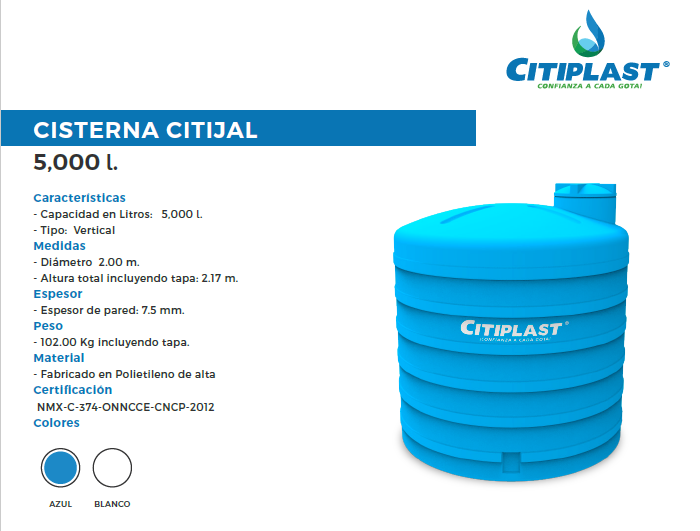 ficha tecnica de cisterna citijal zul de 5000 litrros medidas cuanto mide pesa cuesta costo Rotplas