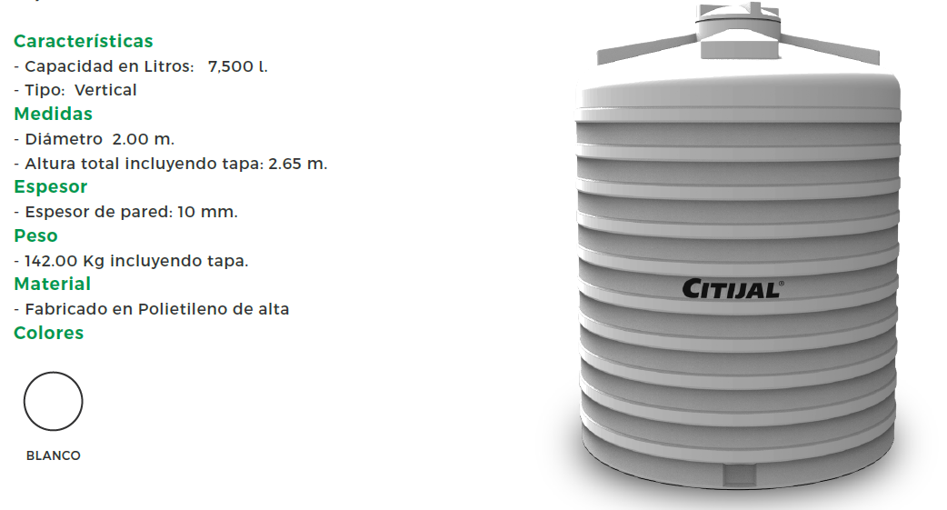 Ficha tecnica de cisterna tanque Citijal de 7500 litros lts medidas cuanto mide pesa cuesta costo precio Rotoplas