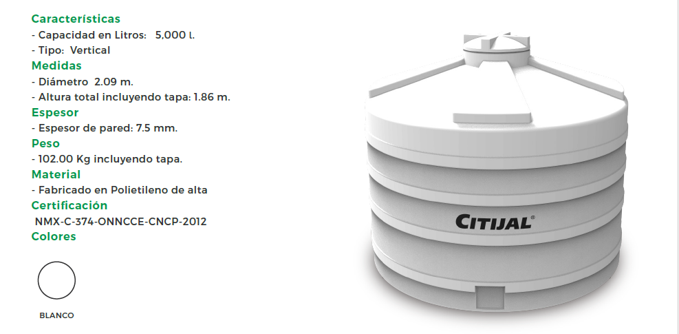 Distribuidores de cisternas Citijal de 5000 litros color blanco venta fichas tecnicas precio costo cuant mide cuesta Roplas tanques