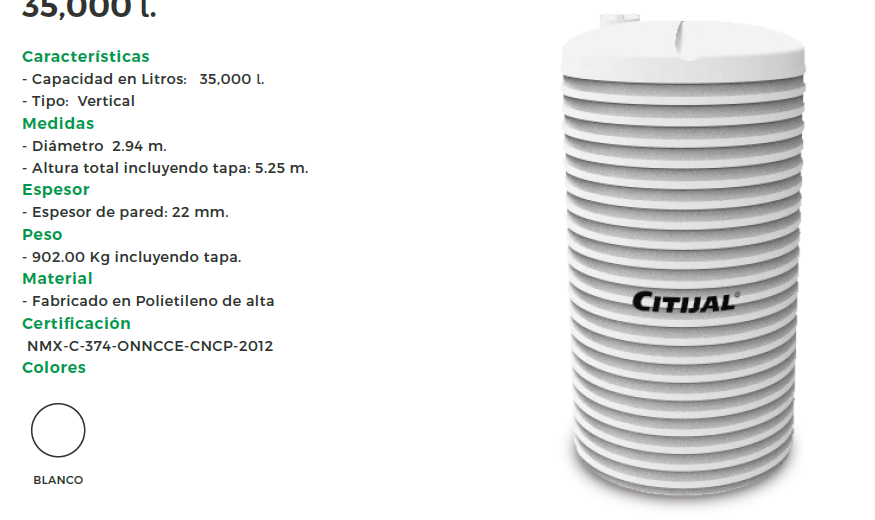 Ficha tecnica Citijal tanques y cisternas de 35000 litrios lts 35 m3 distribuidores medidas precio cuanto cuesta Rotoplas